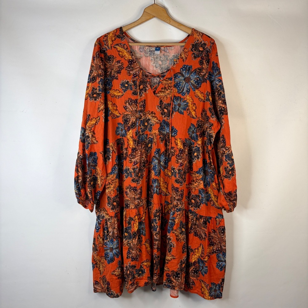 Old Navy Dress Women XXL Orange Floral Lace Up Tiered Long Sleeve Boho Pockets